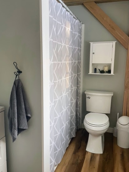 Tub-and-shower bathroom with pine-floor warmth